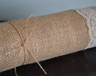 Burlap Table Runner with Ivory Lace, 12 inch width and variable sizes