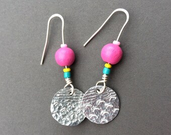 Small round handmade earrings with pink bead