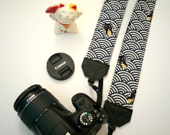 Padded camera strap, SLR, DSLR, blue wave pattern cotton with Lucky Cats Maneki Neko. Japan Kawaii style camera strap.