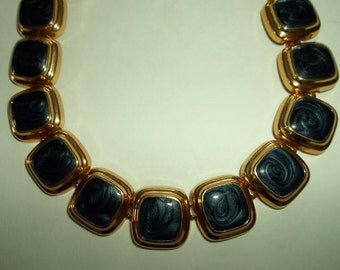Vintage Blue Gold Choker Enamel Statement Necklace 80's