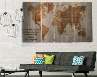 Large Reclaimed Wood Wall Art with World Map, Engraved, Handmade, World Map Art,