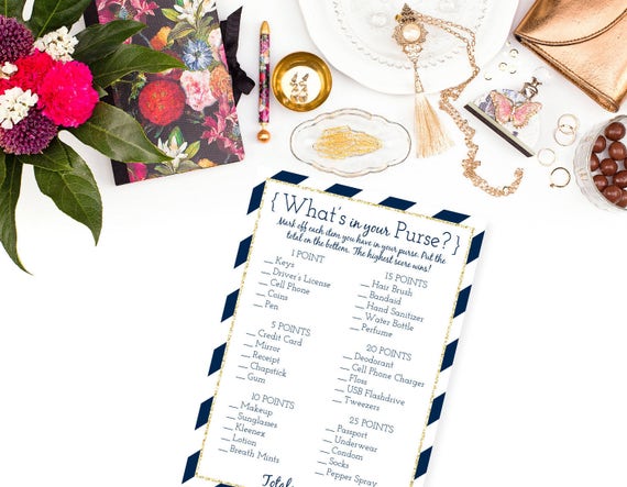 Printable Bridal Shower Game, What's in your purse game, Purse bridal shower game, Navy and Gold Bridal Shower, Bachelorette Party Game Il_570xn