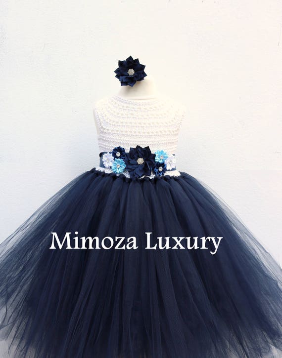 Navy White Flower girl dress, White and Navy tutu dress, navy blue white bridesmaid dress, navy blue princess dress, white navy wedding