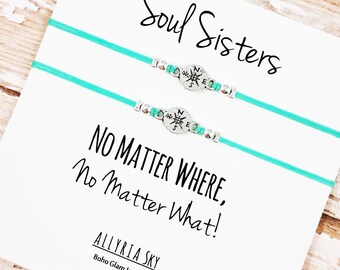 Set of Two Charm Friendship Bracelets with "Soul Sisters" Card | No Matter Where, No Matter What | BFF, Best Friend, Sorority Gift Jewelry