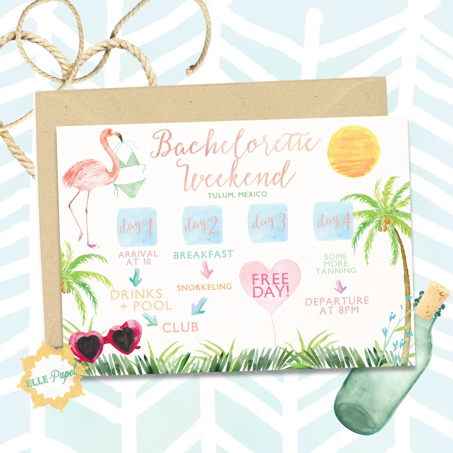 Tropical Bachelorette Itinerary: Watercolor Illustrations, Vacation Itinerary, Digital Itinerary File, Flamingo Palm Trees Beach Destination