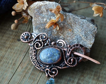 Shawl pin, fibula, pin, shawl brooch, wire wrapped brooch, blue pin, sweater pin, Swarowski, copper jewelry, wire wrapped pin, copper fibula