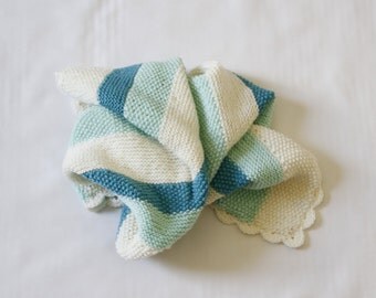 Knit Baby Blanket, Wool Blanket, Blue and White Stripe Design, Baby Throw, Blue Baby Blanket, Pram Blanket, Quilt - READY TO SHIP