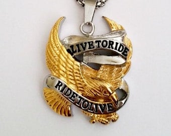 Live To Ride Pendant, Harley Davidson Necklace, Eagle Spirit Pendant, 316L Stainless Steel, Gift For Him, 3.3 cm w x 4.1 cm Long