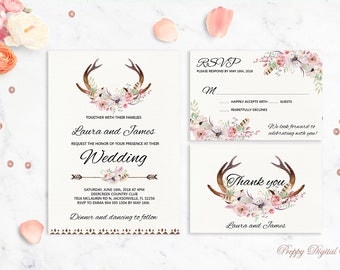 Boho invitación imprimible asta boda invitación florales de la boda invitación boda rústica país boda invitan a las cornamentas de la boda conjunto