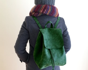 Faux Leather Green Backpack - Vegan Backpack - Water Resistant - Vegan Leather - Rustic Leather - Distressed Leather - Boho Bag - Gift Ideas