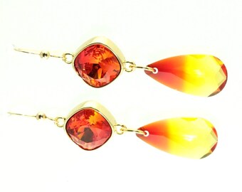 Fire Opal Teardrop Earrings with Swarovski Crystal