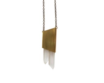Raw Crystal Necklace, Rough Gemstone Jewelry, Brass Geometric Modern Necklace, Crystal Point Pendant, Gold Tone Quartz Crystal Necklace