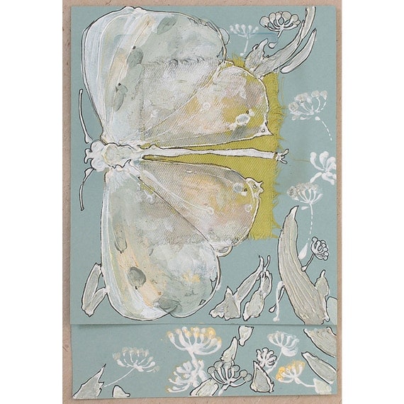 Pearly white butterfly and wild flowers - handpainted blank greeting card, art card, mint lime green golden black herbs grass insect - OOAK