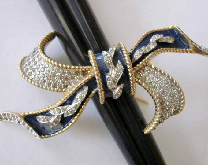 Large Retro Rhinestone Navy Blue Enamel Ribbon Bow Brooch 1930s-1940s Vintage Jewelry Jewellery