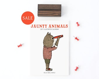 2017 Calendar - Jaunty Animals by Hello Small World, Desk Calendar, Monthly Calendar, 12 Months, Fox Bear Bicycle Raccoon Moose