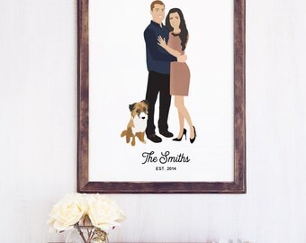 Engagement Portrait Custom Couple Portrait, First Anniversary Gift for Husband or Wife, Cartoon Couple Illustration