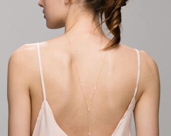 Mini Pearls Back Necklace // Bridal Jewelry for Low Back Dress, Gold or Sterling silver Back Necklace