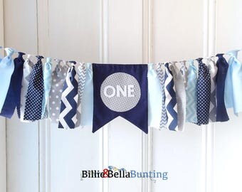 1ST birthday banner, decorations, navy, grey, gray, blue, first, highchair, cake smash, little man, rag tie garland, baby boy, photo prop