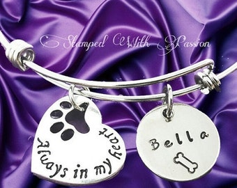 Pet Memorial bracelet, personalized pet name charm bracelet, Dog bangle, Dog Memory Bracelet, Pet Rememberence, Pet Jew