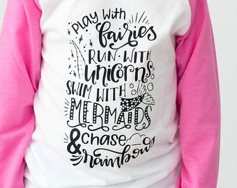 Fairy Shirt - Mermaid Shirt - Unicorn Shirt - Trendy Kids Tees - Girls Raglan Tshirt - Rainbow Tee - Fairies Mermaids Unicorns- Baseball Tee
