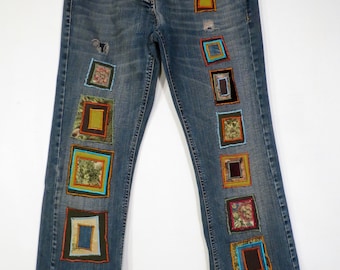 upcycled jeans, taglia40, denim women, pants women, women jeans, embroidered jeans sisley, jens upcycled, low life, upcycled denim