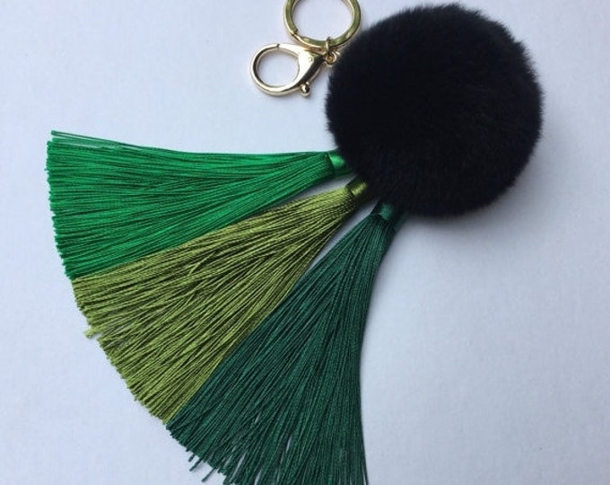 Green Gradient Tassel Handbag Charm Fur Pom Pom ball keychain