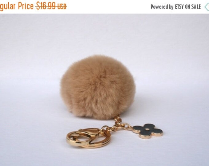 Beige-Brown fur pompom keychain REX Rabbit fur pom pom ball with flower charm