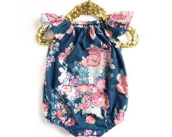 Baby Romper, Floral Bubble Romper, Toddler Romper, Navy Romper, Floral Romper, Summer Baby Clothing, Flora Blue, Spring Romper