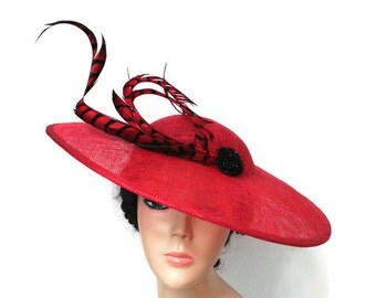 Red and black lampshade hat,Kentucky derby hat,Red ascot hat,Red derby hat,Races hat red,Red wedding hat,Red Feathers hat,Red hats for women