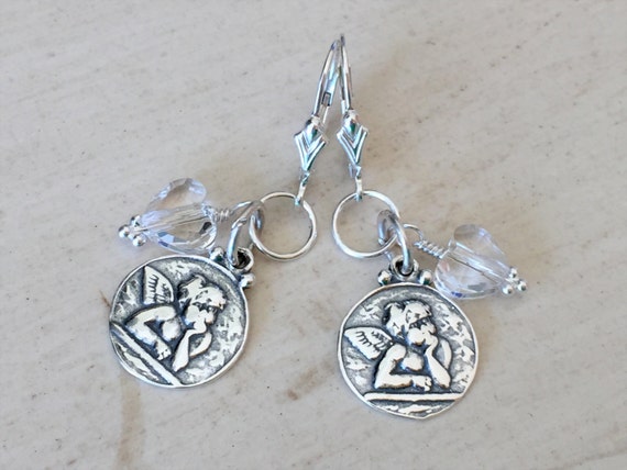 Sterling Angel Charm Earrings, Swarovski Crystal Heart Earrings, Crystal Heart Earrings, Raphael's Angels Earrings