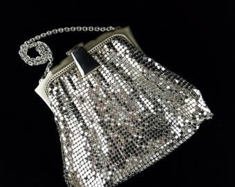 Whiting and Davis Co, Small ART DECO Evening Mesh Bag, Silver Plated with Mirror, 1940's, USA