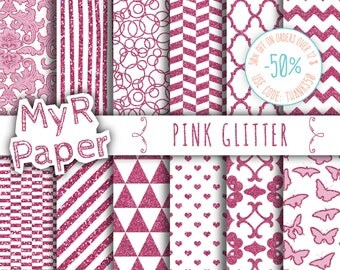 SALE 50% Pink Glitter Digital Paper: "Pink Glitter" Pack of Backgrounds with Damask, Triangles, Hearts in Pink Glitter and Fresh White
