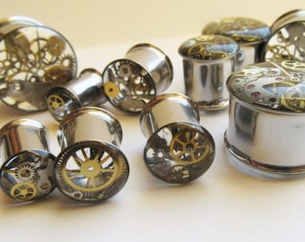 Steampunk Ear Plugs READY TO SHIP Cog Gear Gauges Watch parts Ear Tunnels 8mm 0g / 10mm 00g / 11mm 7/16 g / 12mm; 14mm; 16mm; 19mm; 22mm