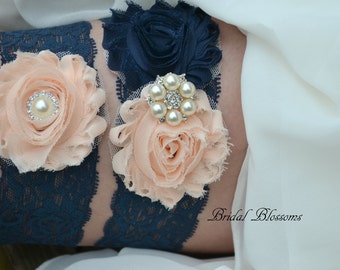 Blush Navy Pearl Bridal Garter Set | Chiffon Fabric Flower Lace Garter | Pearl Rhinestone Wedding Garter | Stretch Lace Garter | Plus Size