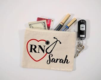 Personalized RN Stethoscope Heart Canvas Zipper Bag | Nursing Student | Gift for Her | Cosmetic Bag | Nurse Bag | Nursing Gift | Nurse Gift