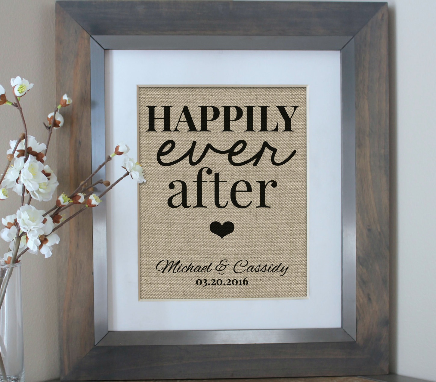 Happily Ever After Burlap Print Personalized Wedding Gift
