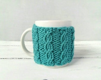 Blue Coffee Mug Cozy – Coffee Cup Cozy – Mug Warmer – Hygge Gift for Her - Cup Warmer – Coffee Mug Holder – Teal Cozy – Cable Knit Cozy