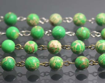 3 feet Green Sea Sediment Jasper bead Chain Link with a chains,6mm 8mm,Green Sea Sediment Jasper beads