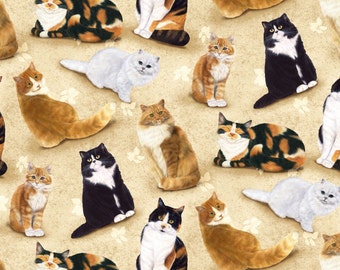 Feline Fine Cats Allover on Light Tan Quilting Fabric - Fat Quarter or Yardage