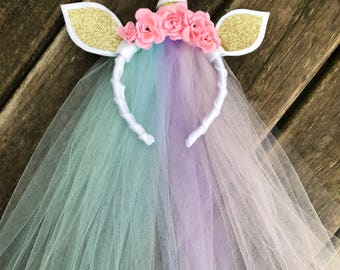 Rainbow tulle unicorn headband - unicorn birthday party- unicorn headband- unicorn dress up- unicorn cosplay- unicorn birthday present