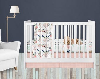 Crib Sheet, Crib Skirt & Cuddle Blanket Set -Gracie Collection by Fabricology / Woodland Floral / Navy / Mint / Coral / Baby Bedding