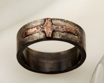 Unique Men's Wedding Band, Rustic Silver Copper Men's Ring, Wide 10mm Two Tone Ring, Men's Bohemian Band, Casual ring, Gift for him, RS-1205