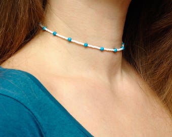 Girlfriend Gift women Turquoise Jewelry Beaded choker necklace Minimal Beaded Necklace Simple choker Glass bead Necklace Delicate Choker