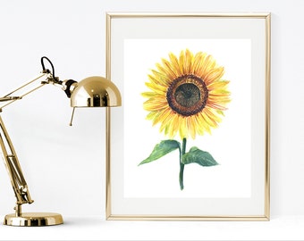 Sunflower print, printable watercolor flower, yellow watercolor painting print, watercolor botanical print, watercolor sunflower wall art