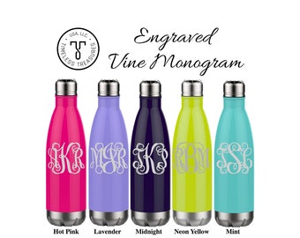 Engraved Vine Monogram Metal Water Bottle, Monogrammed Tumbler, Bridal Party, Wedding Bridesmaids Gifts, Personalized Initials, Etched Gifts