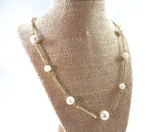 Long Gold Twist Necklace with Pearls, Vintage Avon Gold Pearl Necklace