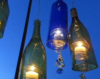 Recycled Wine Bottle Candle Holders, Wind Chimes, Porch Decoration, Wine Bottles Decor, Wedding Light, Wedding Candle Holder