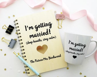 Wedding planner notebook with matching mug. Personalised bride to be hen party, engagement present. I'm getting married design.