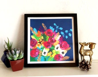 Acrylic Floral Print with Navy Blue Background 8 x 8