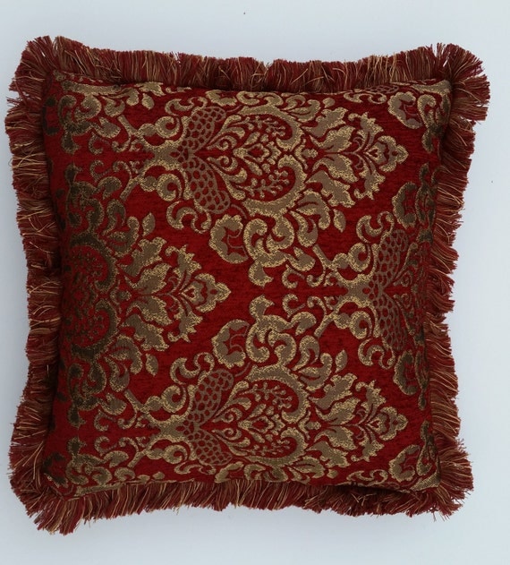 large chenille red gold embroidered throw pillows with fringe